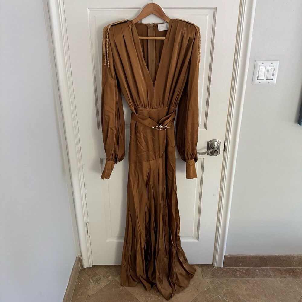 NWT Bronx and Banco Blouson-Sleeve Silk Carmen Dress in Gold Size 6 - Picture 5 of 12